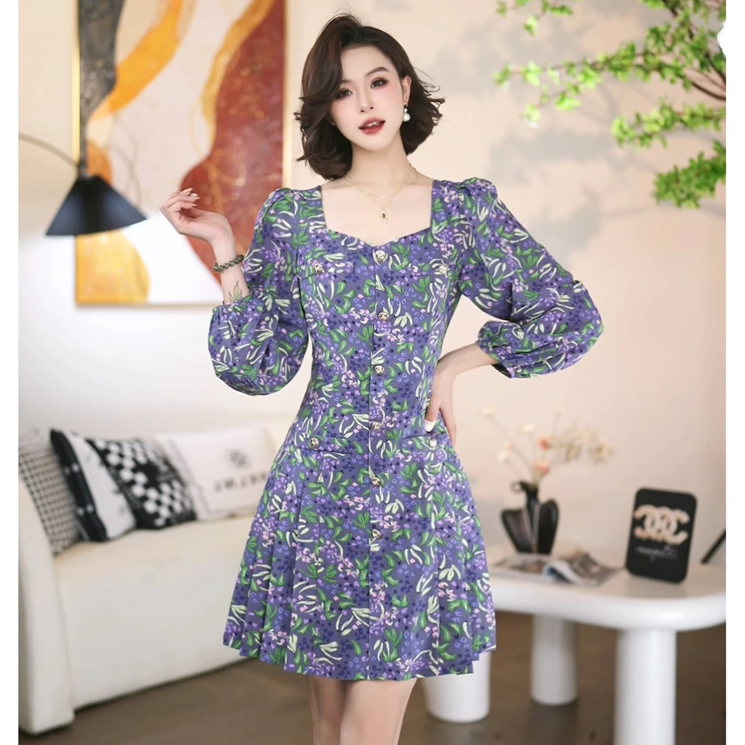 法式复古秋季显瘦设计款长袖气质连衣裙 A3101