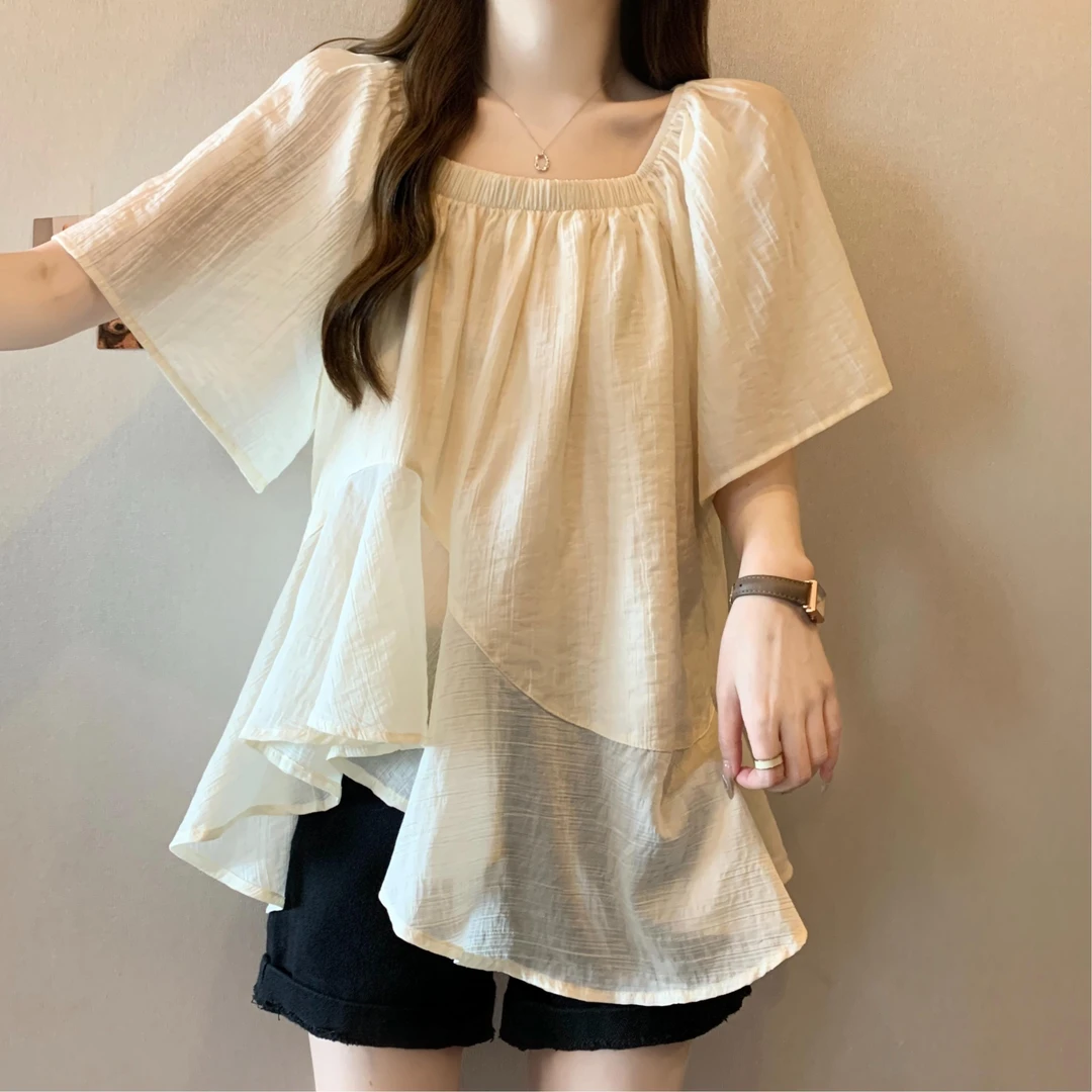法式不规则超仙短袖雪纺衫夏微胖大码设计感遮肚子娃娃衫流行上衣