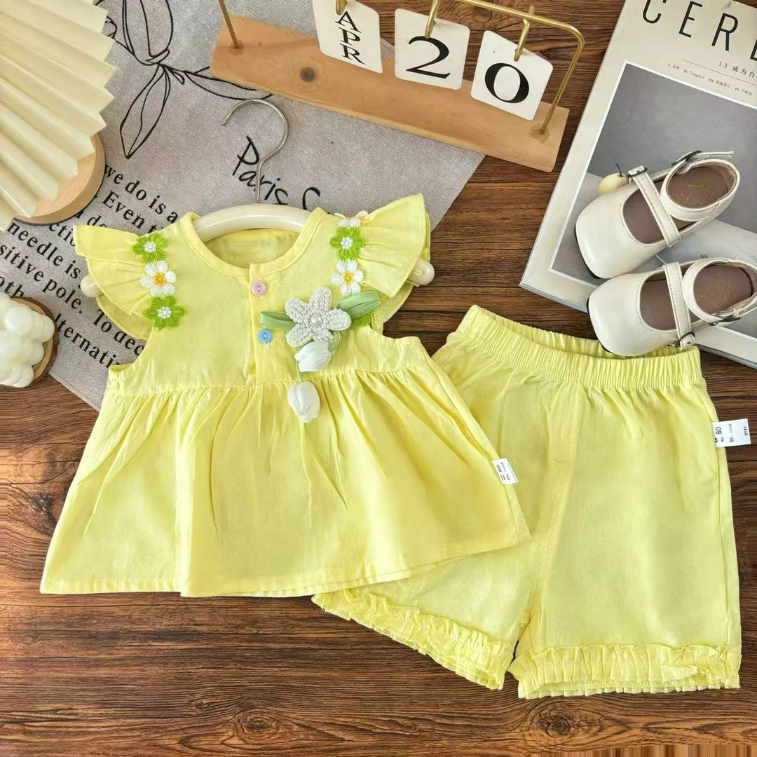 夏季女童双花朵郁金香套装夏季款洋气飞袖上衣裤套装SJ-J-B145