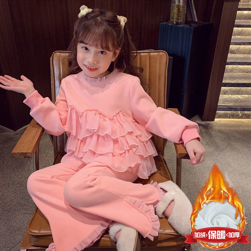 女童加绒套装2025新款秋冬装韩版儿童卫衣裤子加厚保暖洋气两件套