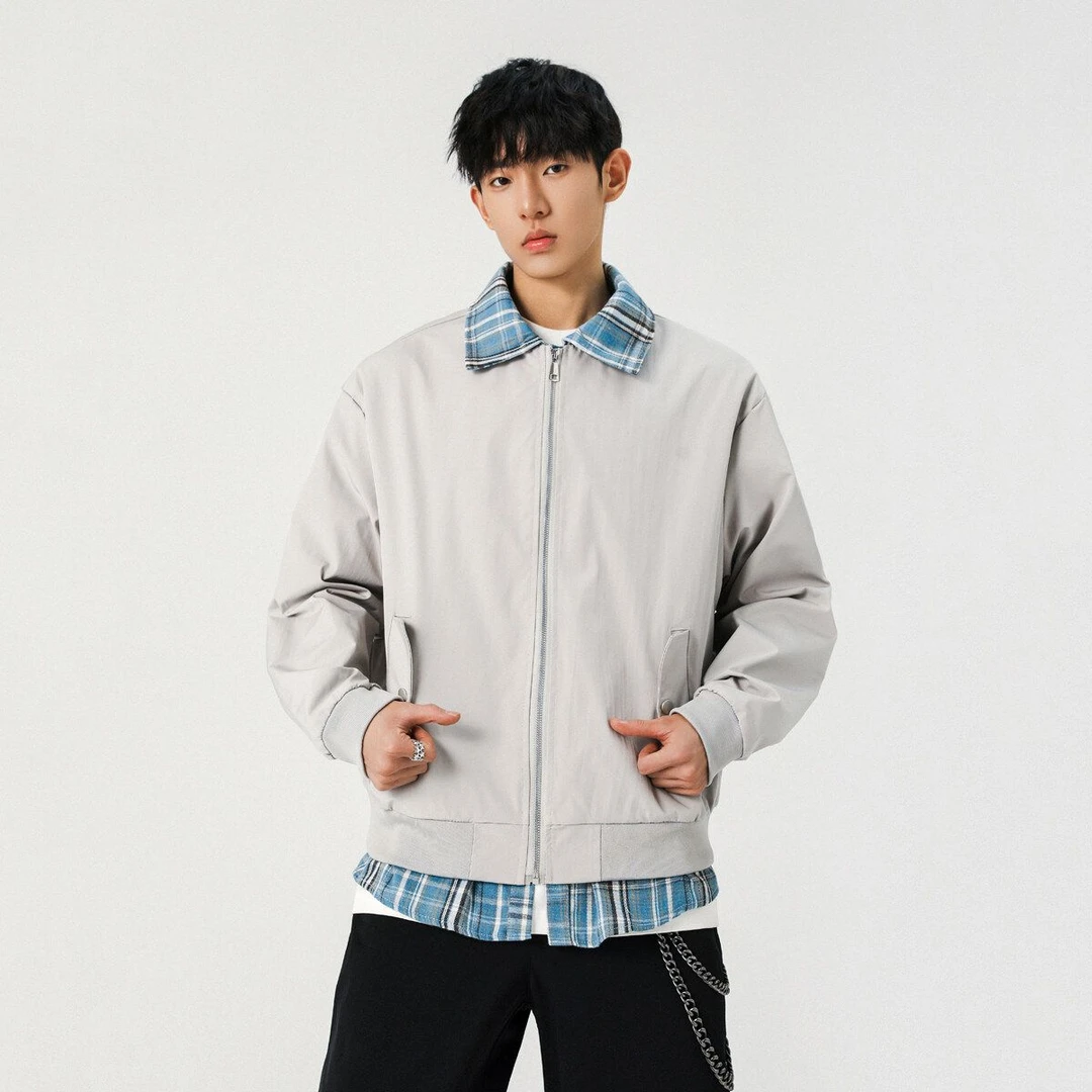 假两件复古拼接短款翻领夹克撞色外套百搭男上衣