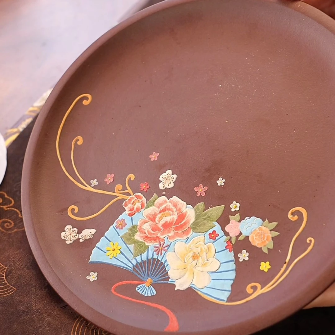 樟泽堂《雀扇》紫泥干泡盘壶承直径20cm