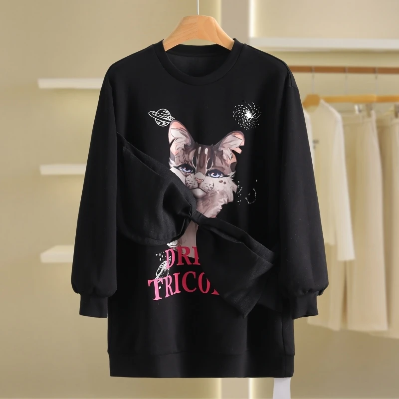 【伍莎-自营】蝴蝶结装饰印花宽松圆领卫衣#QBY48V005