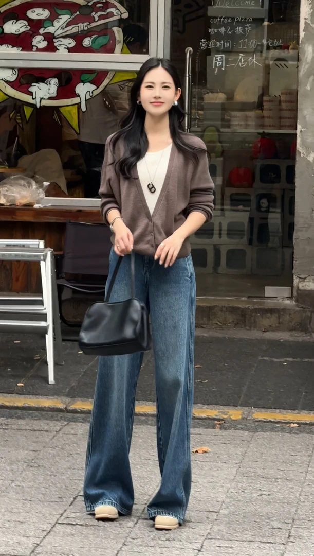 早秋新款阔腿裤女中高腰牛仔裤复古设计感显瘦百搭长裤