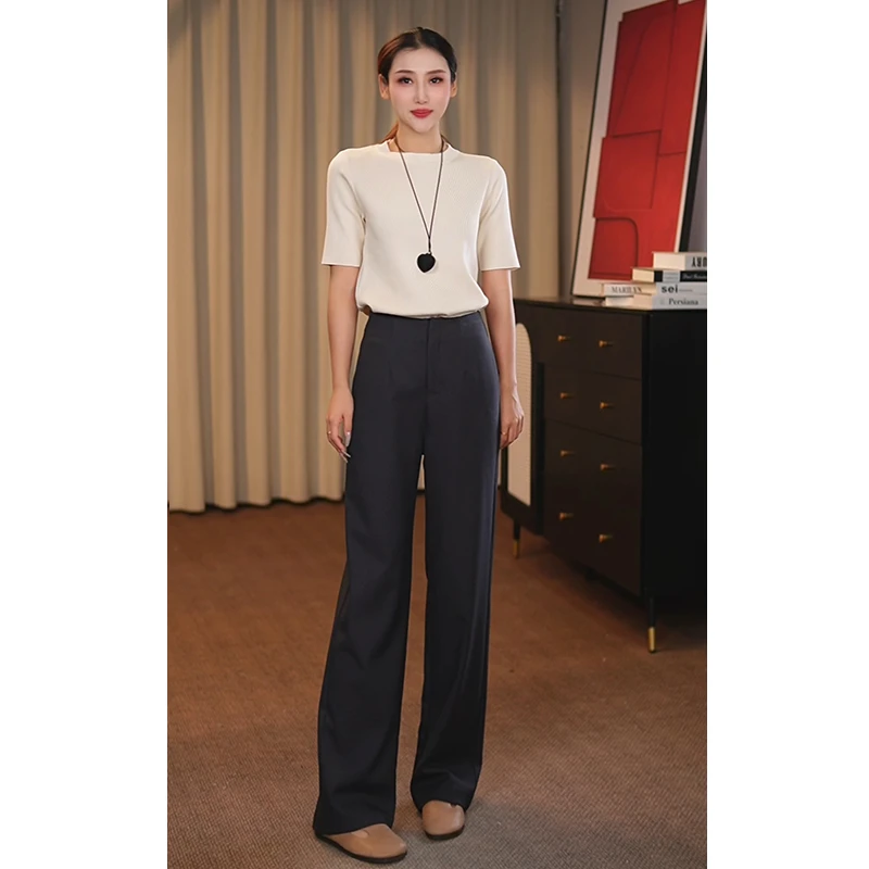 （百搭时尚）灰色西装阔腿裤女直筒长裤高级职业垂感休闲西装拖地裤