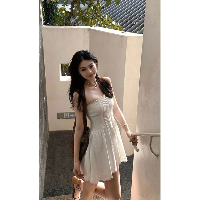 纯欲风春夏新款无袖气质弹力收腰显瘦打揽塔克线性感抹胸连衣裙女