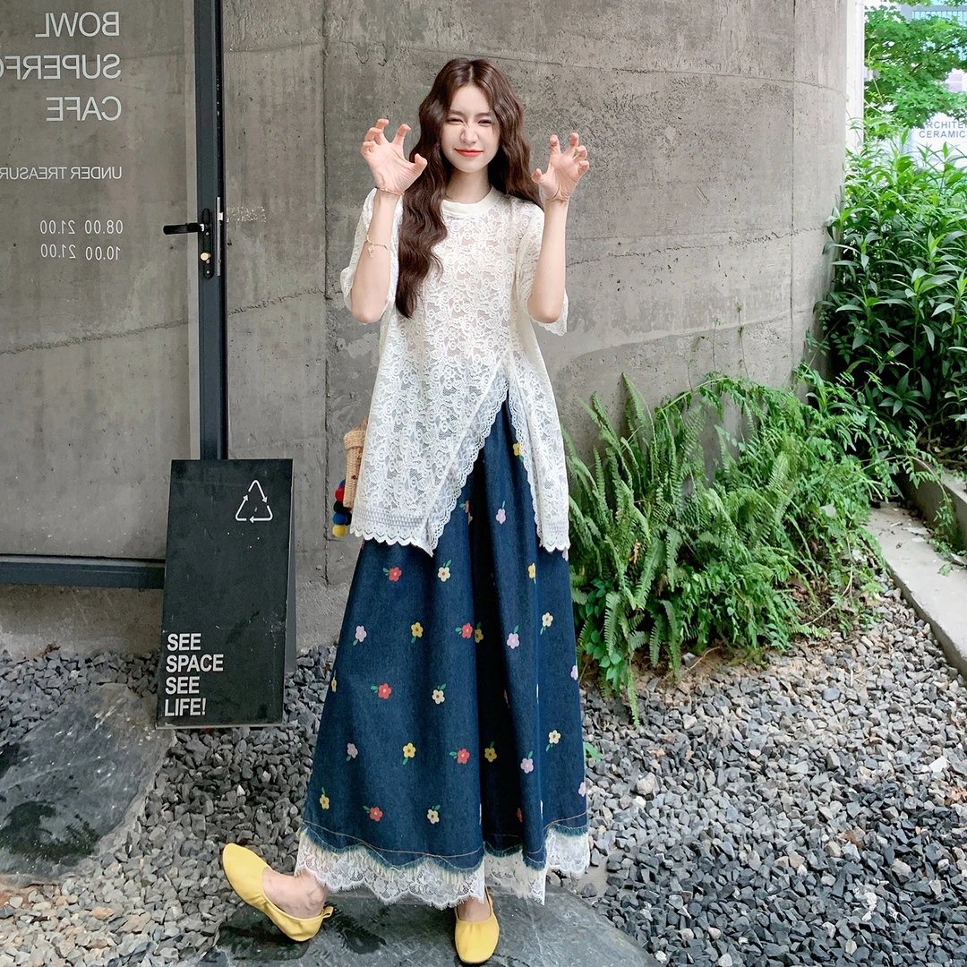2025夏季新款时尚气质百搭显瘦蕾丝上衣高腰阔腿裤两件套女