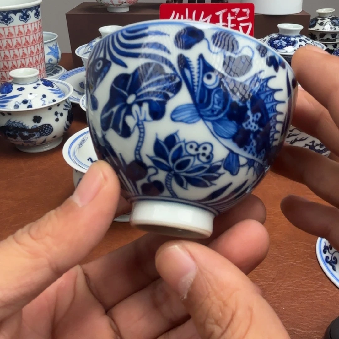 陶摆件微瑕手绘鸡心杯鱼藻纹景德镇发货