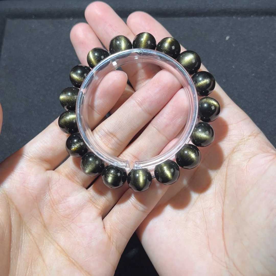 黑曜岩手链未镶嵌麦*?金耀石12咪细猫眼