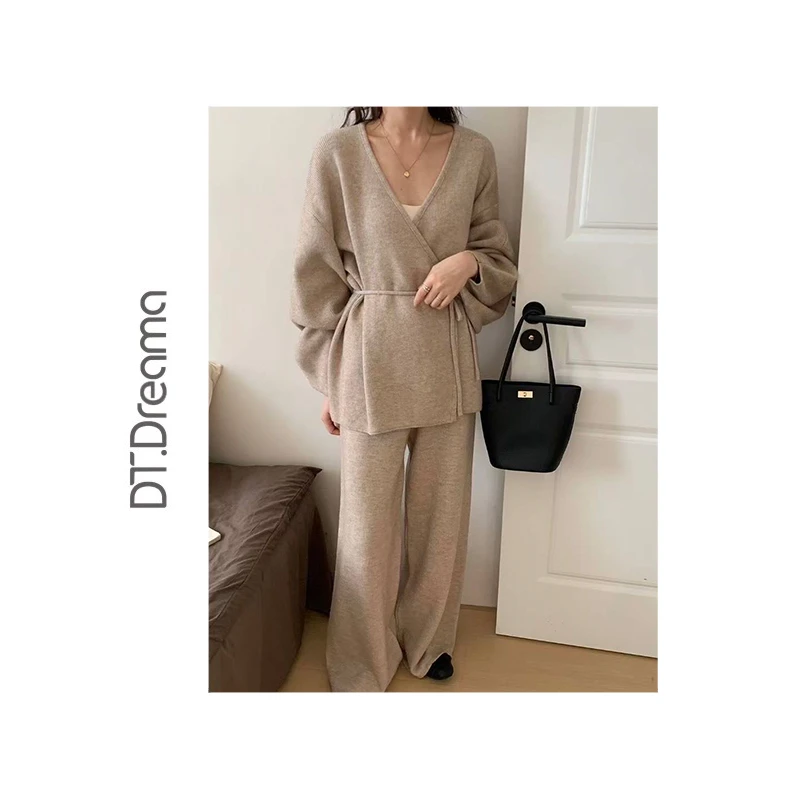 秋季新款时尚复古慵懒风针织套装女开衫外套阔腿裤两件套气质休闲