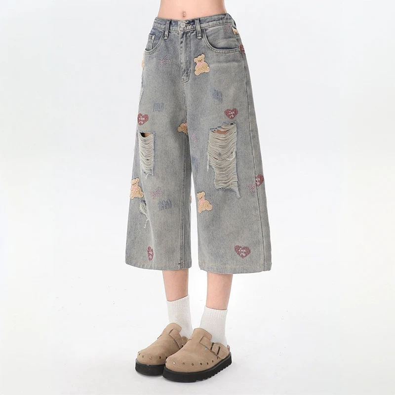 美式破洞七分牛仔裤女款夏季新款高腰小熊刺绣宽松大码胖mm七分裤