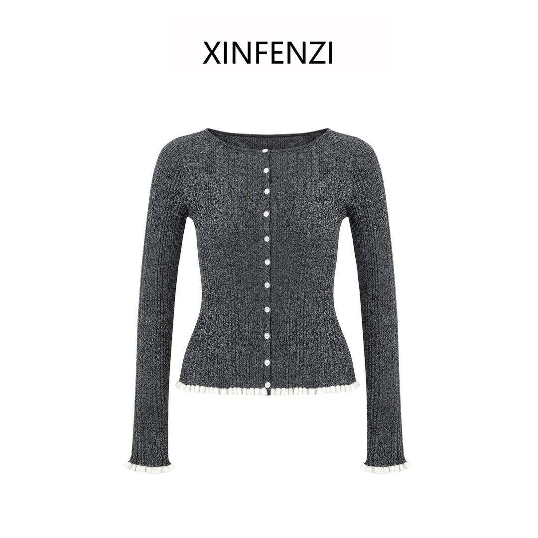 【几许时光】XINFENZI 圆领拼色竖坑条针织花边开衫 35488