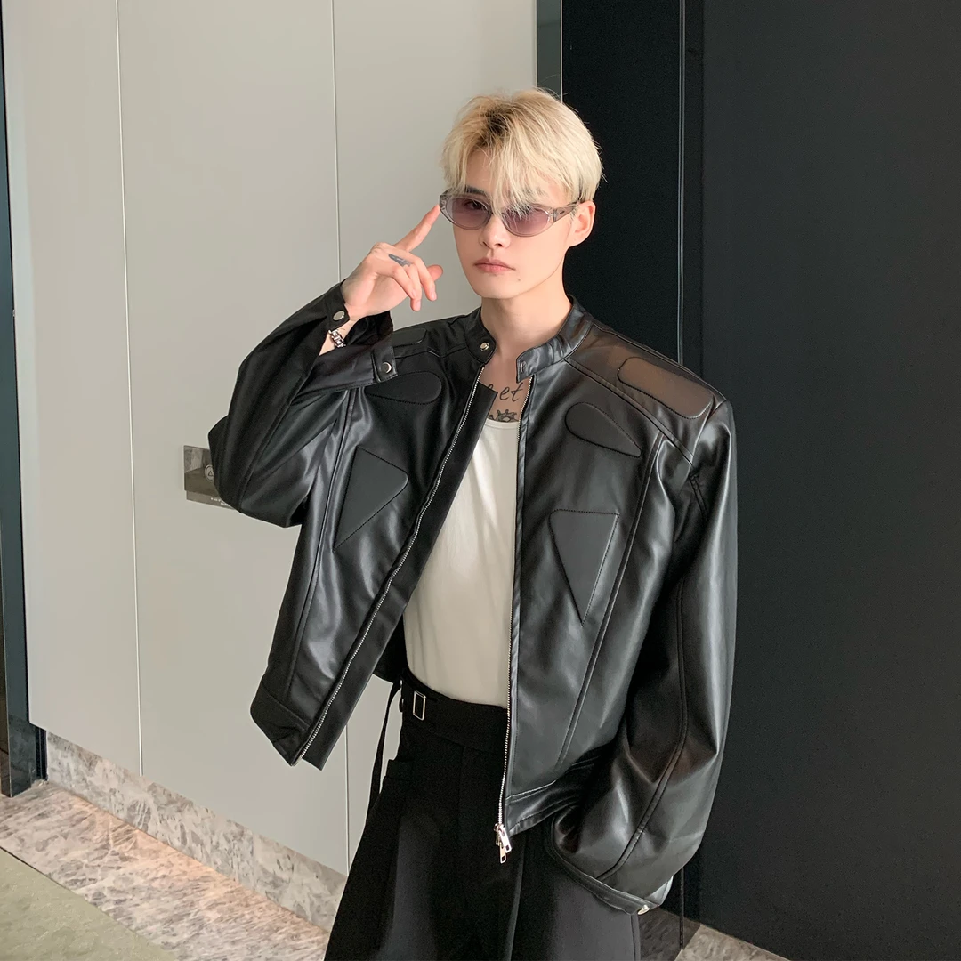 9298 小众结构设计高级感机车夹克外套男炸街垫肩皮衣