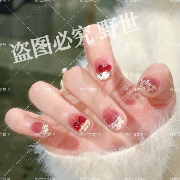 【来财KT】野世穿戴甲 纯手工  kitty钢珠拼接手绘法式小香风美甲