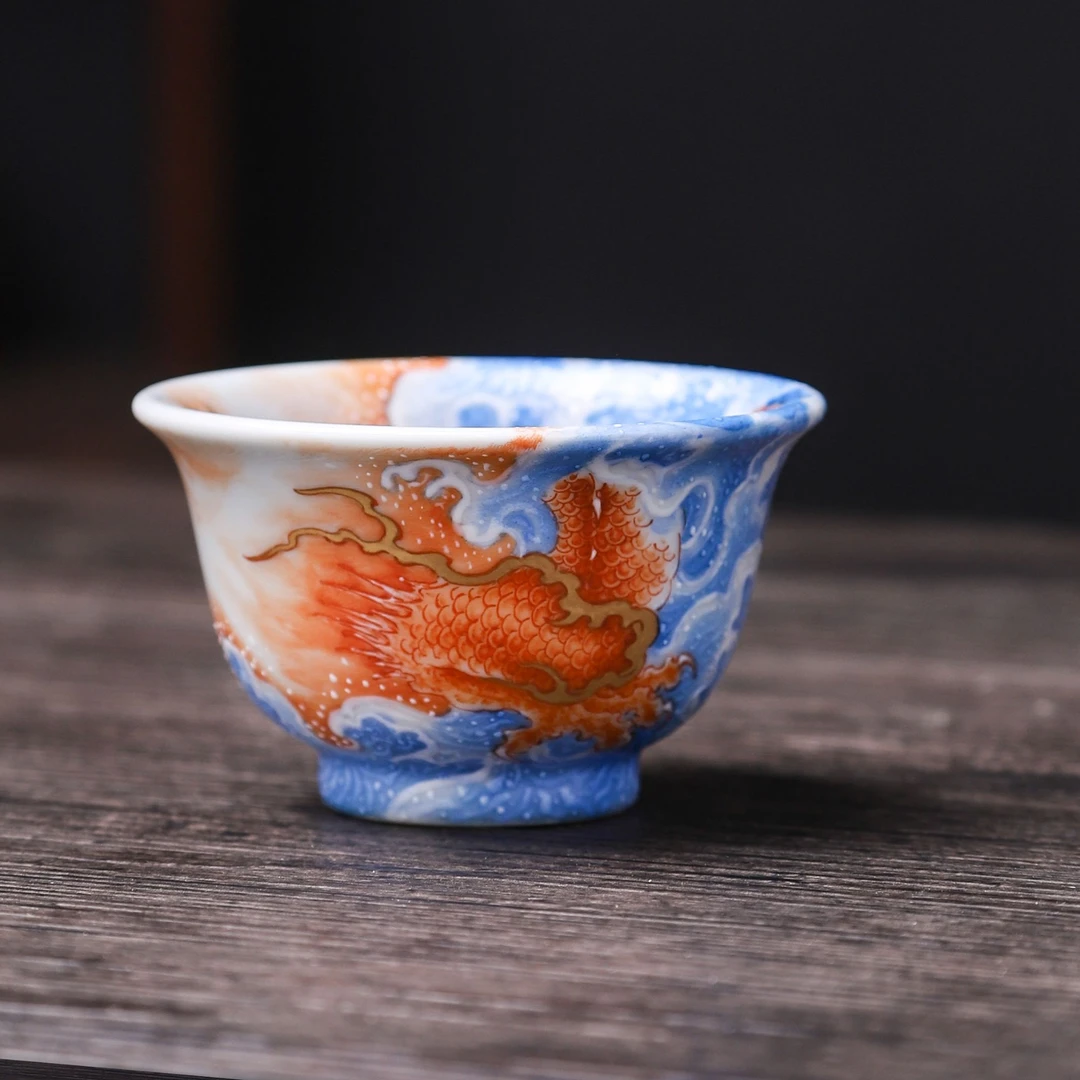 青寞窑景德镇手工手绘宝石红陶瓷盖碗中式茶具矾红龙纹（盖碗）