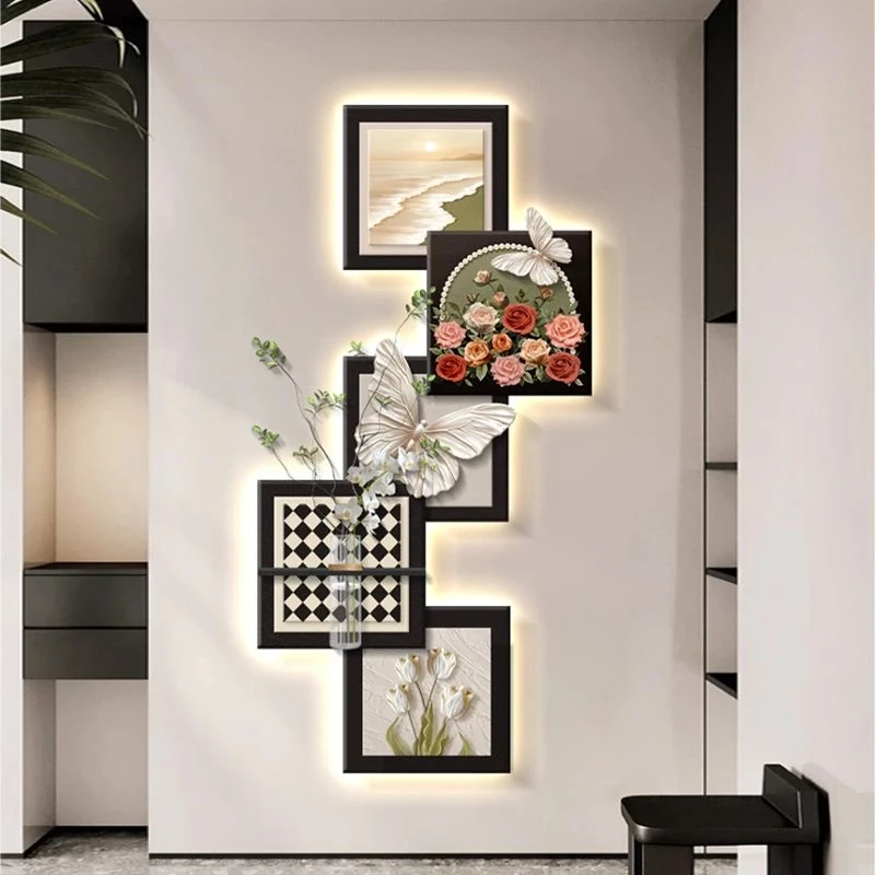 现代轻奢玄关装饰画水培绿植客厅入户过道背景墙挂画法式复古壁画