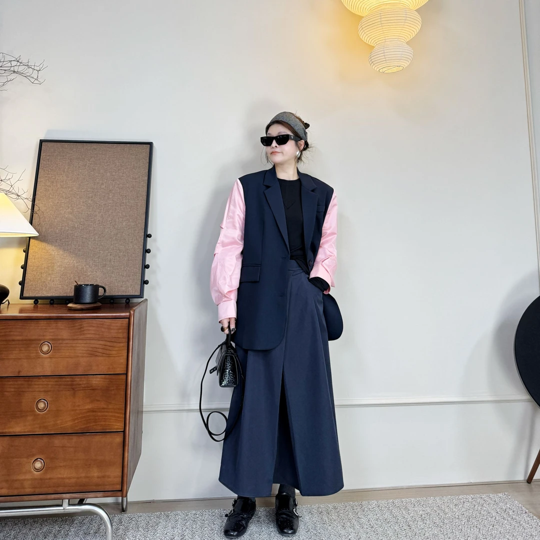 FY517早春新款定制宽松拼接袖子原创设计款西装休闲时尚百搭外套