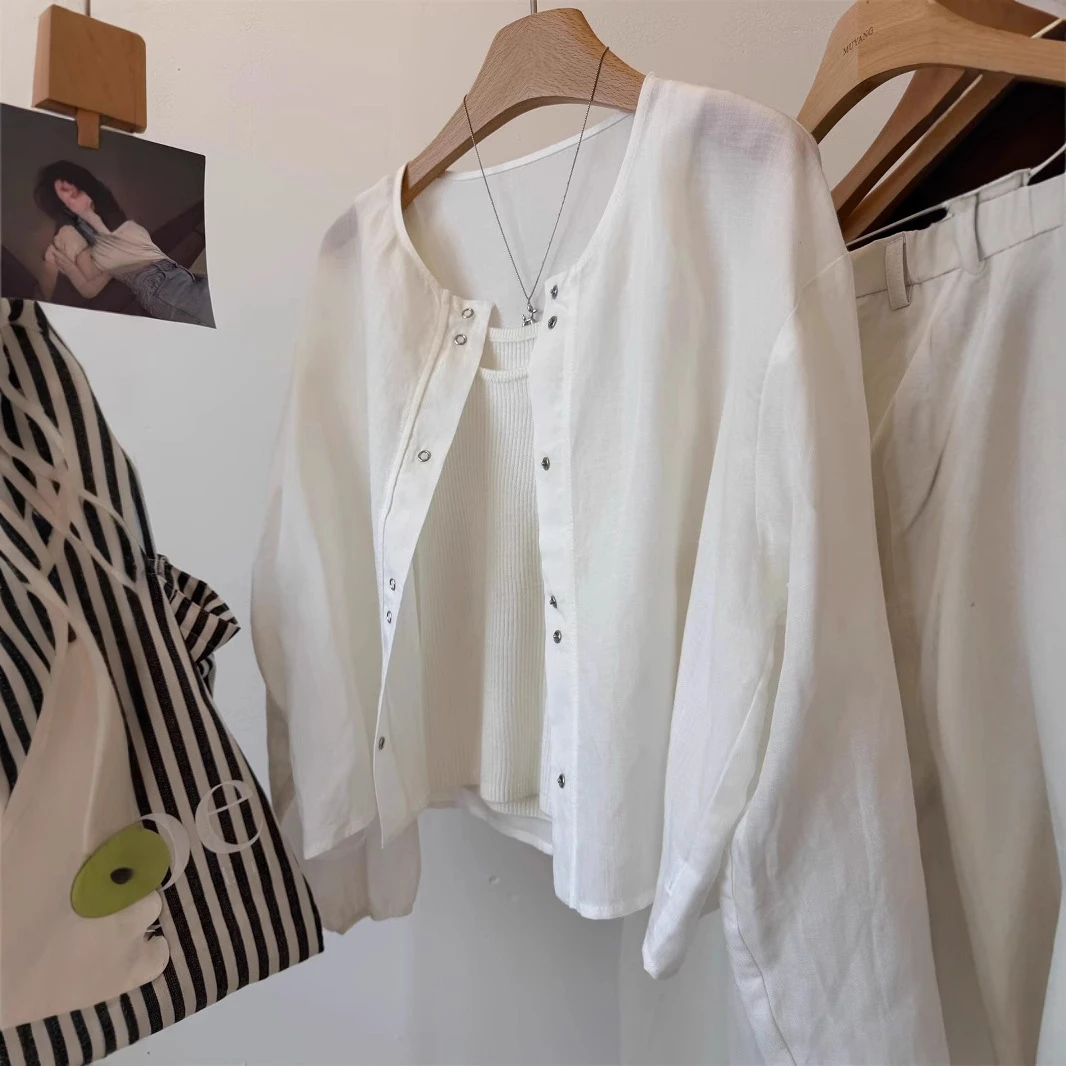 开衫薄款圆领暗扣外套女韩国简约长袖衣哪吒防晒白色休闲百搭夏季