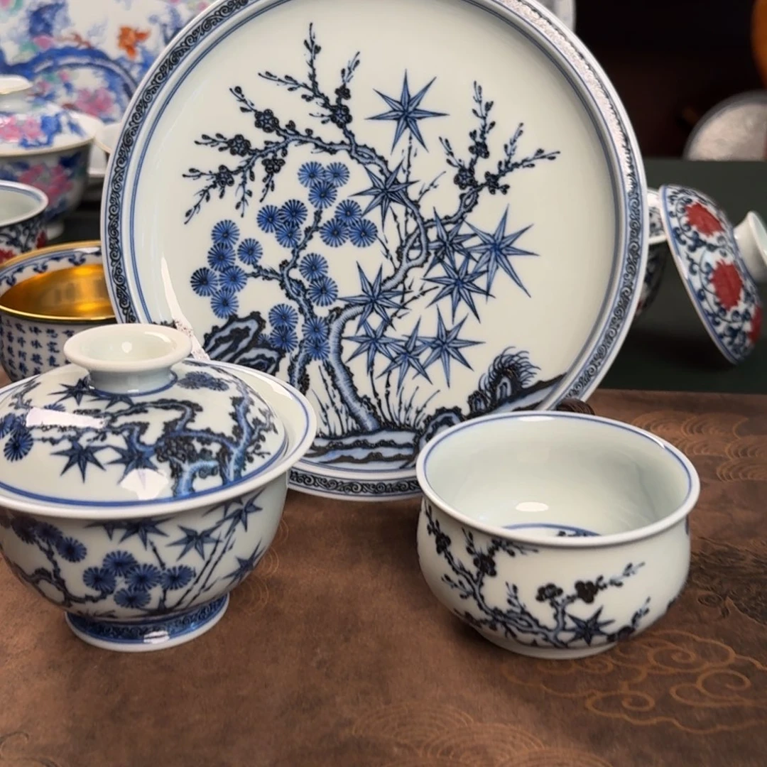 纯手工手绘陶瓷茶具三件