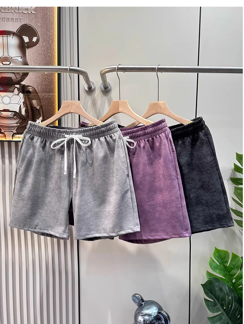 【蜡染做旧】重工混纺水洗短裤男夏季高级抗皱四分裤抽绳松紧腰