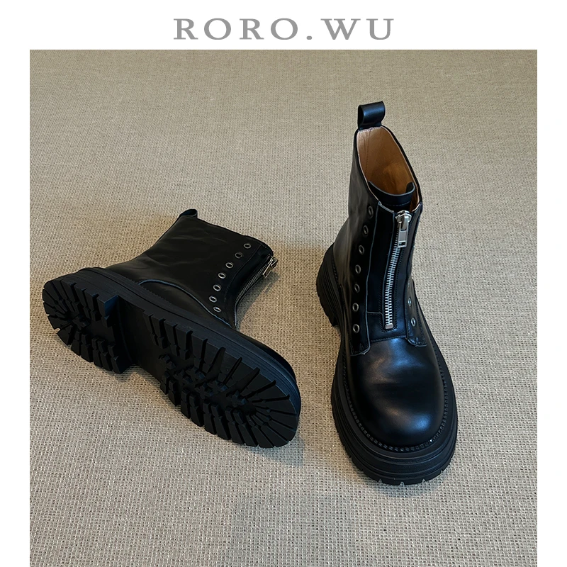 娆娆吴·头层牛皮厚底圆头前拉链复古马丁靴短靴日常百搭女靴X426
