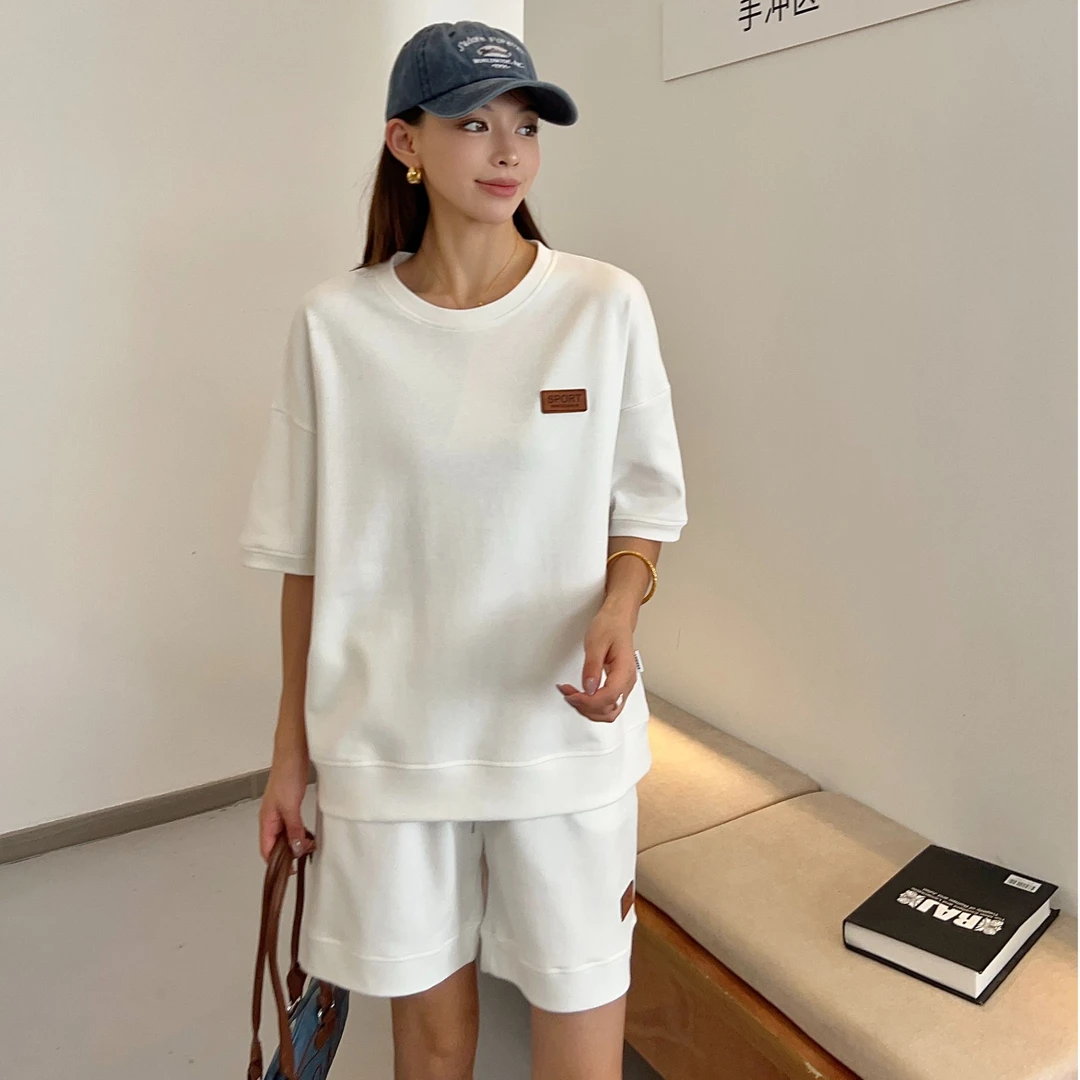 T116夏季新款时尚潮流百搭韩版皮标短袖短裤女士运动套装25-125