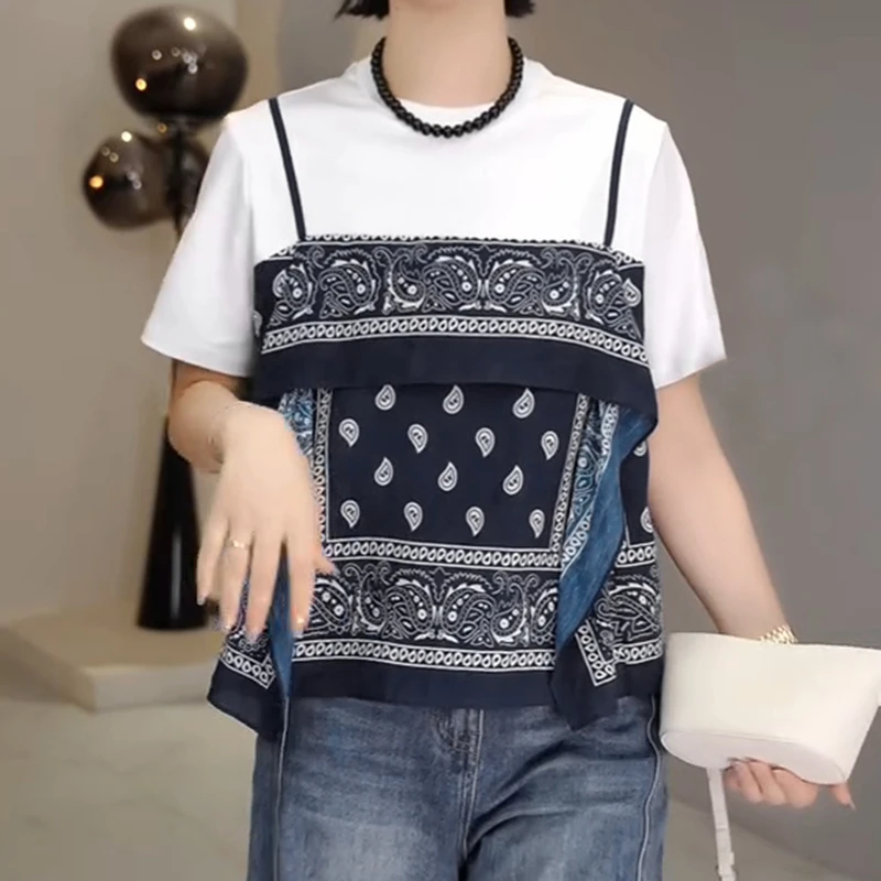 韩系新潮别致印花拼接假两件T恤新款时髦个性腰果花圆领短袖上衣