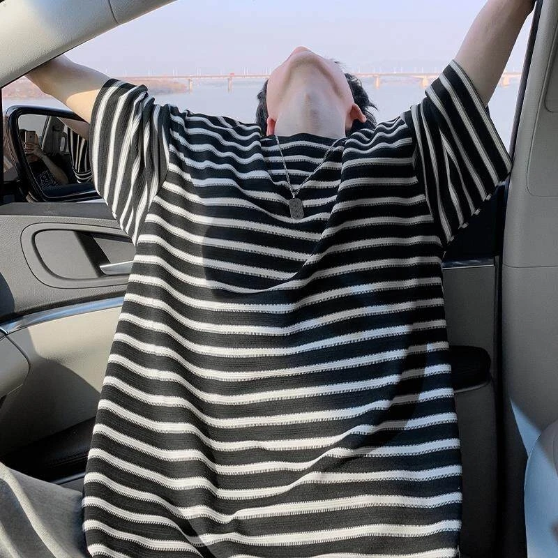 cleanfit黑白条纹短袖男夏季潮牌重磅小领口t恤美式复古情侣半袖