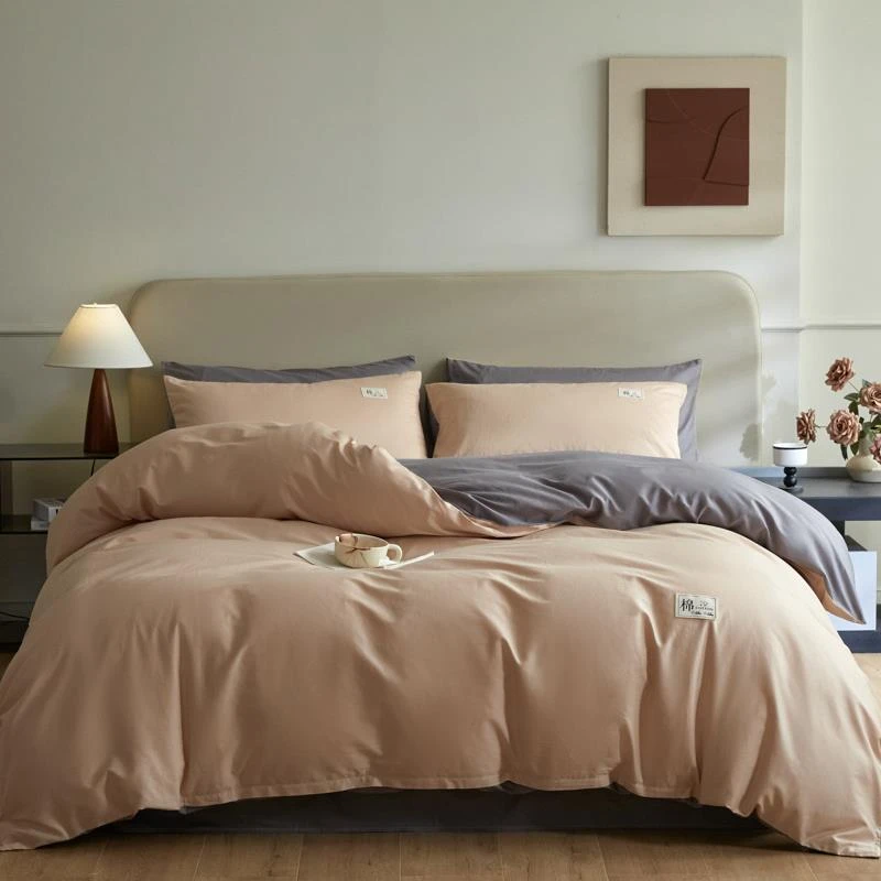 A类纯色双拼100%全棉四件套 纯棉被套床单款床笠款学生宿舍三件套