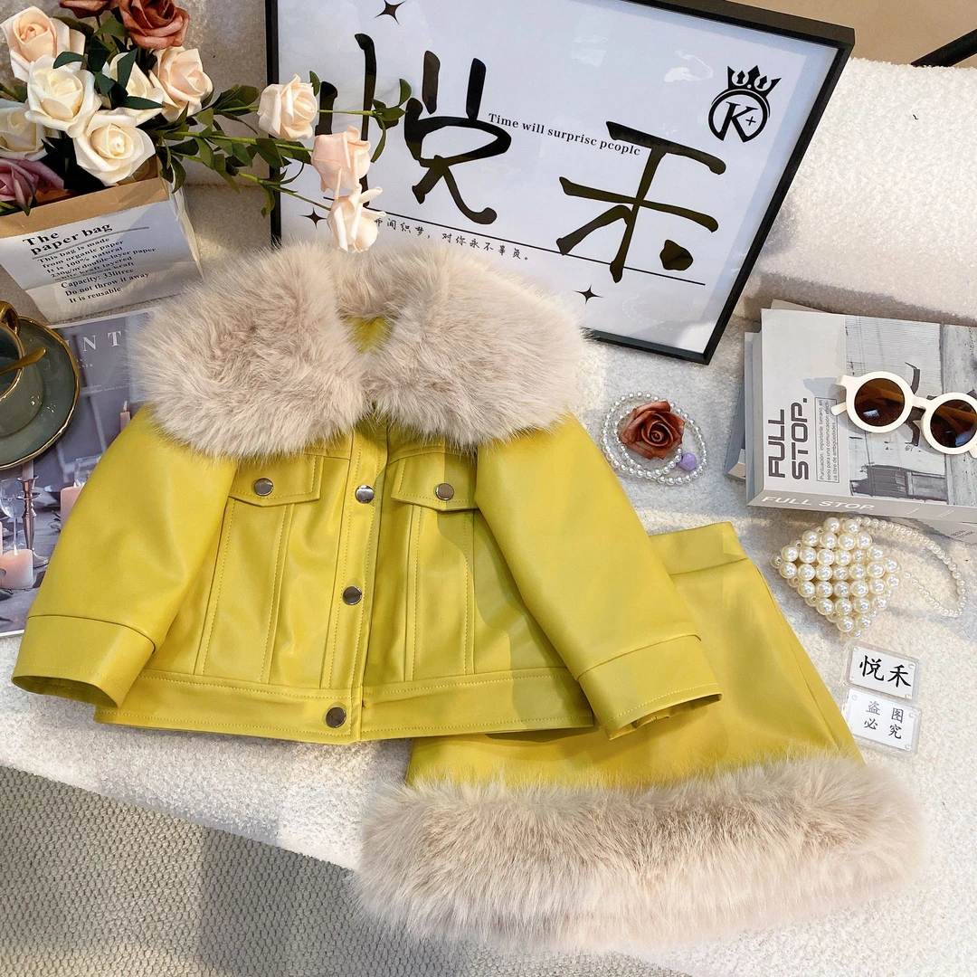 SD组合皮衣 加绒皮外套休闲套装女童洋气气质皮短裙6118-6301