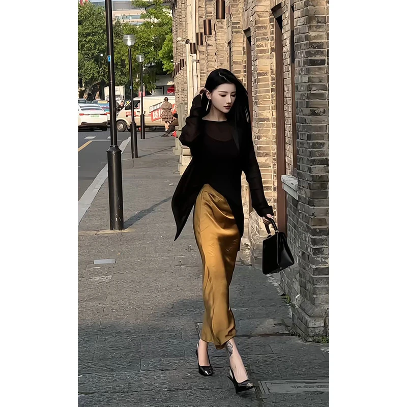 2025年夏季新款ins气质御姐名媛风薄款微透针织衫配高腰显瘦半裙