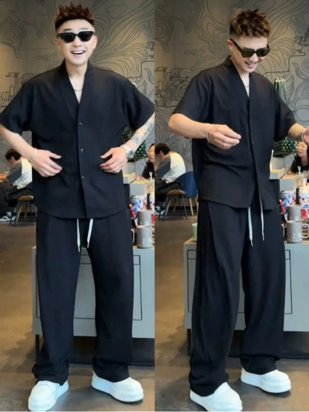 新中式国风V领男士短袖套装古风夏季男装入秋衣服一整套男潮流