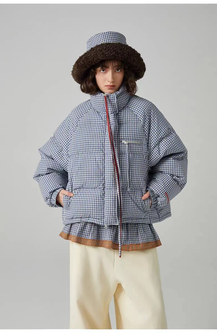 【DongDongZhou】东东周设计师品牌25冬短款蓝白格纹羽绒服d0273