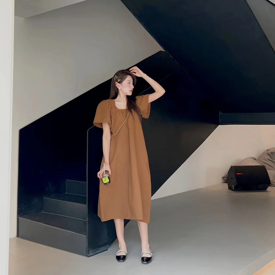 夏季法式宽松方领连衣裙大码孕妈妈休闲显瘦气质收腰中长款裙子