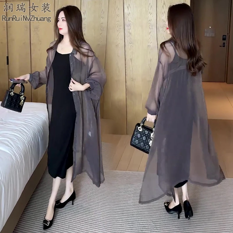 长袖翻领长款女装显瘦薄款外套洋气夏季衬衫宽松常规2025连衣裙潮