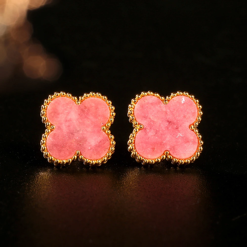 【小洁专属】18k金蔷薇石轻奢13mm四叶耳钉 时尚气质百搭 五金女孩