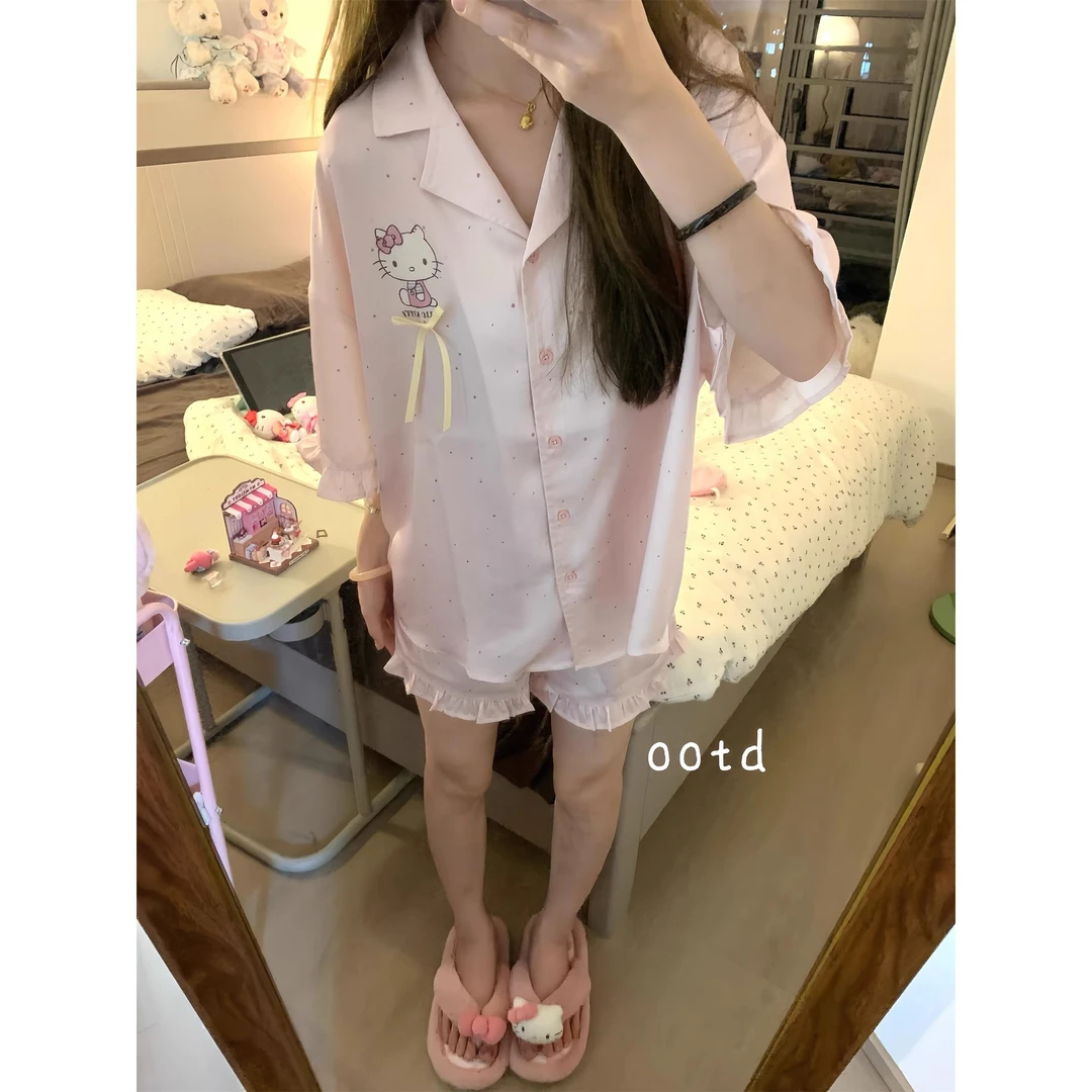 卡通可爱Kitty冰丝睡衣女2025新款夏季大码短袖短裤家居服套装ins