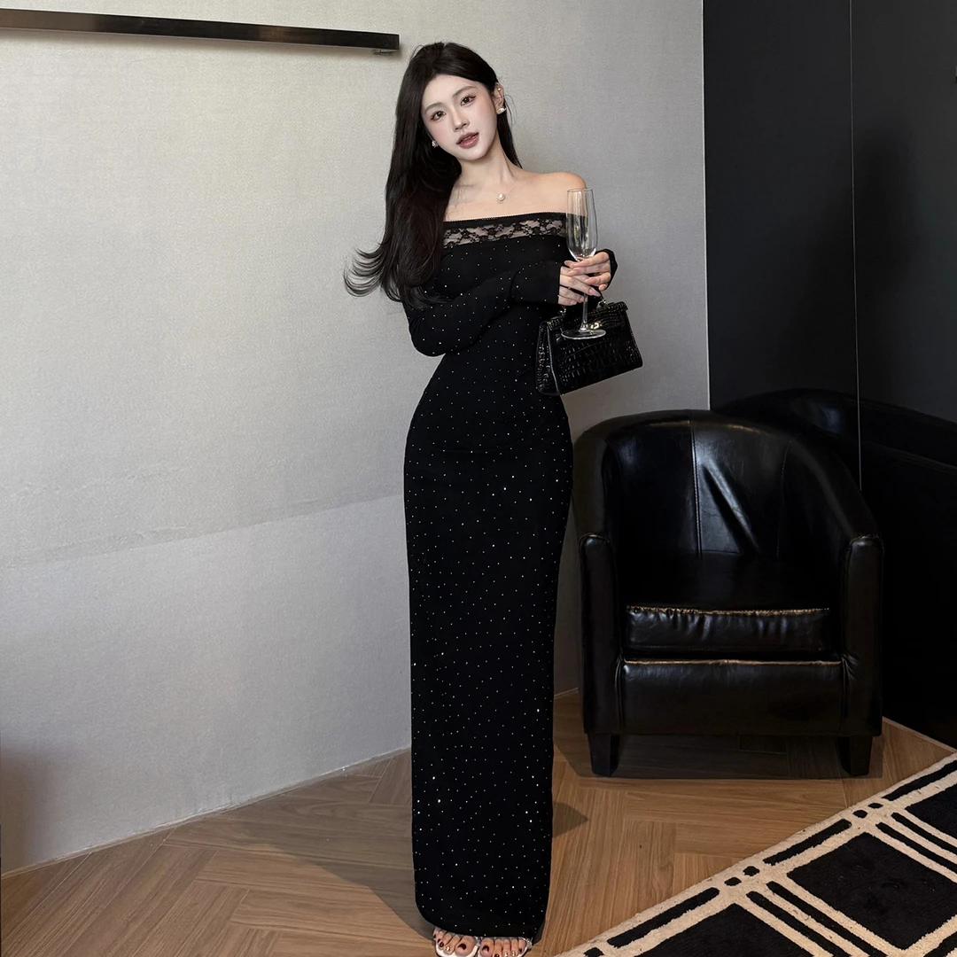 法式一字肩烫钻性感黑色礼服长裙宴会高级感气质修身包臀连衣裙