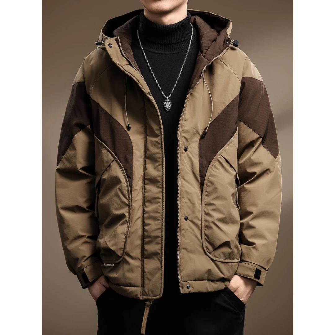 灏吉弧潮牌连帽保暖工装棉服男士冬季宽松咖色冲锋衣夹克外套男