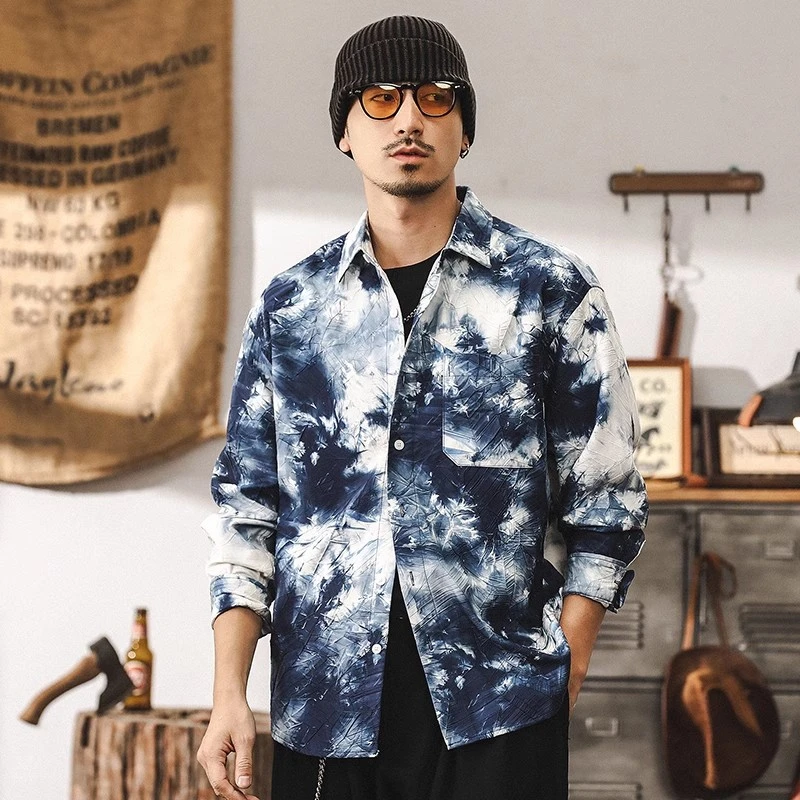国风水墨长袖衬衫男简约秋冬大码新款潮牌高级感扎染印花衬衣外套