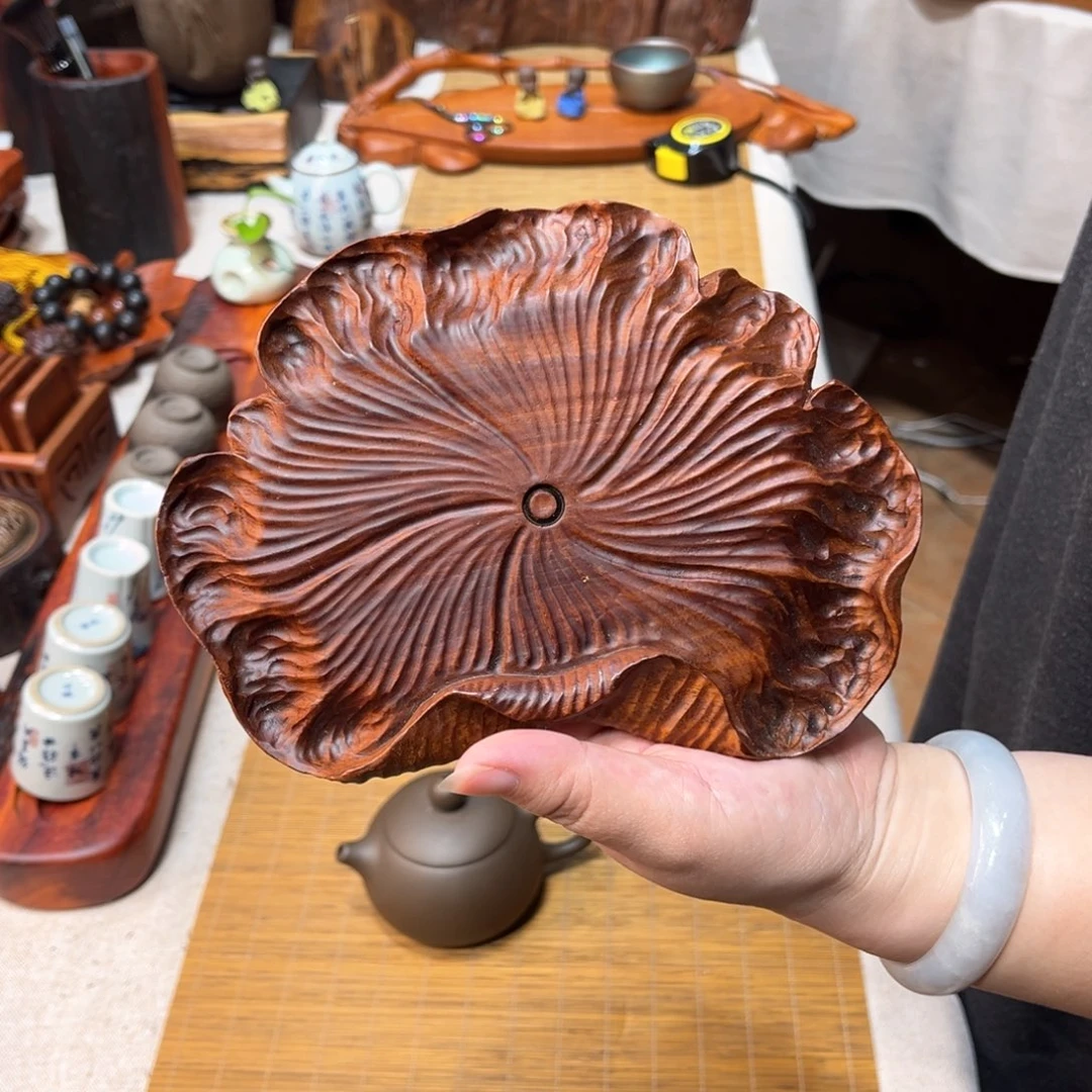 精**生缅甸花梨木荷叶壶承