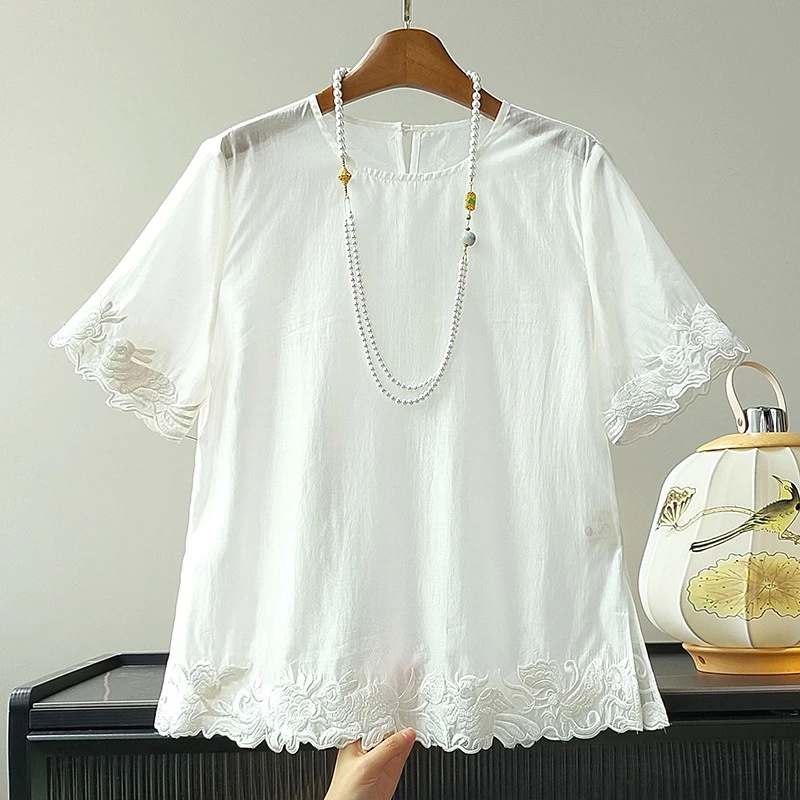 气质简约白色天丝刺绣短袖上衣女2025夏季新款新中式圆领T恤小衫