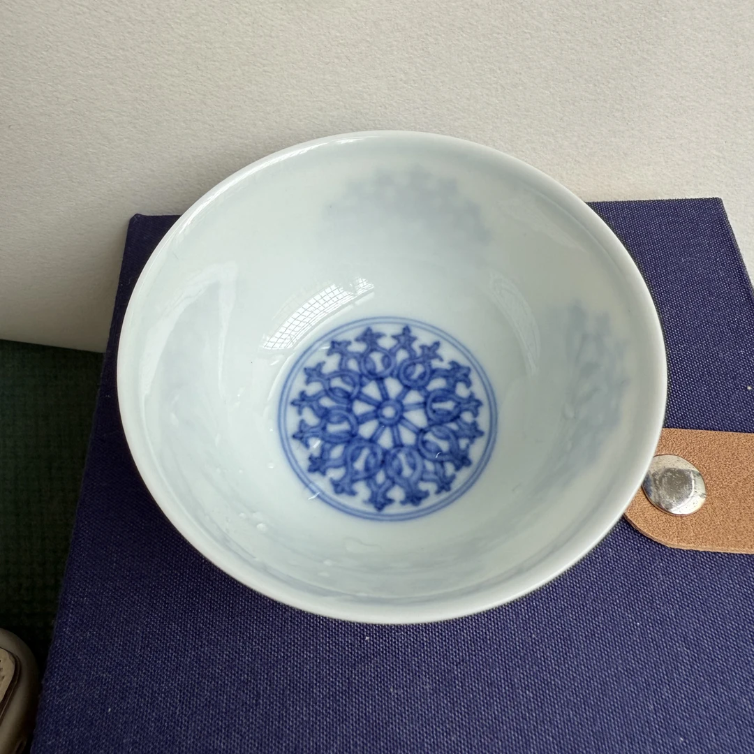景德镇鑫龙景仿古茶具，仿古泥原矿釉正宗平等青，青花宝相纹主人杯
