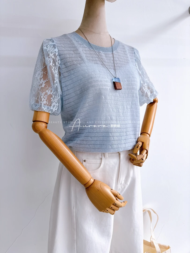 9215 欧若娅家 蕾丝泡泡袖短袖针织衫