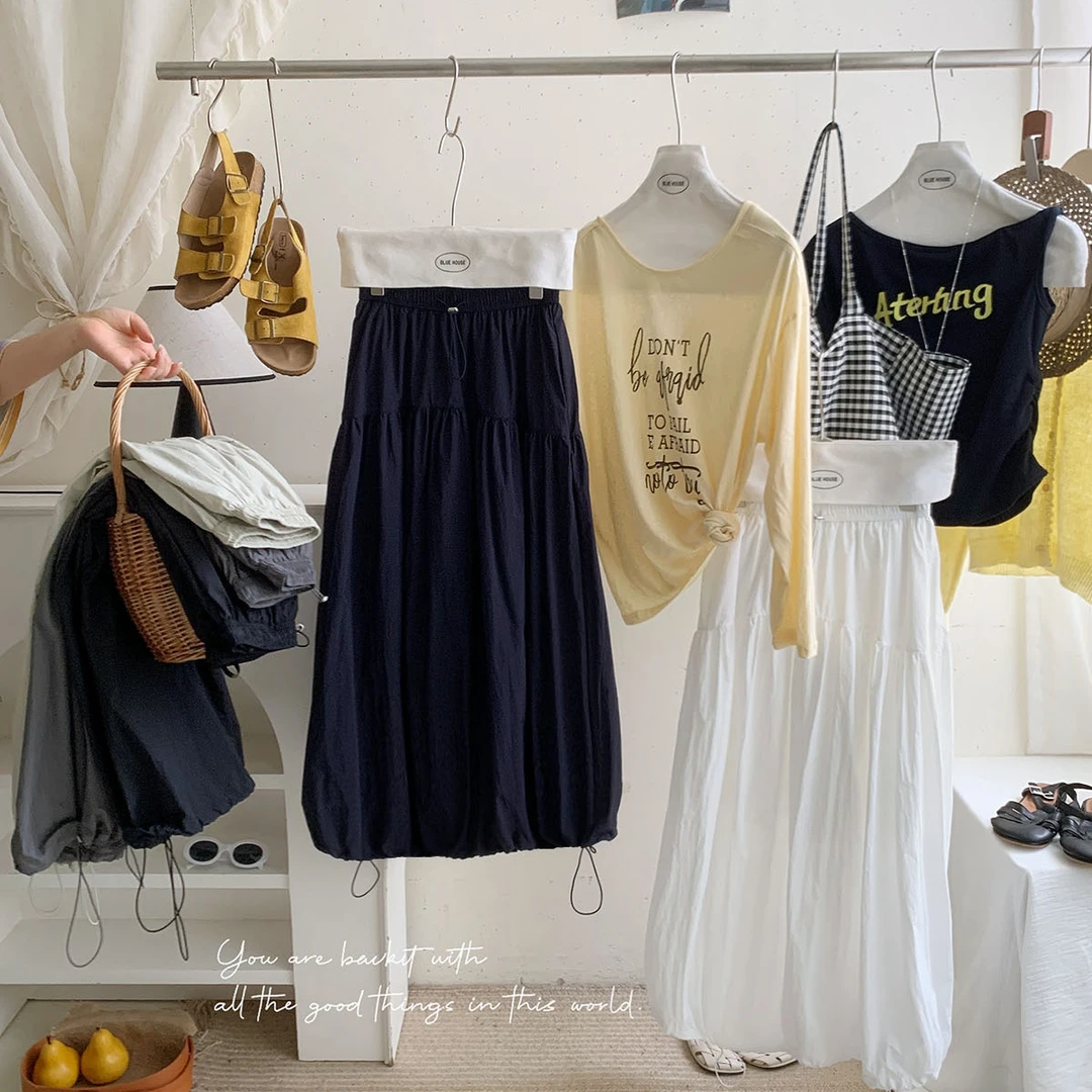 运动慵懒风藏青高腰花苞半身裙女夏速干抽绳显瘦a字拼接长裙