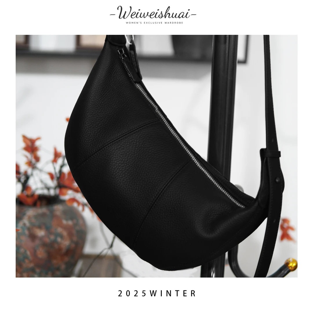 【广州薇姐】简约ins斜挎单根女士真皮月牙包车缝线复古斜挎包79028