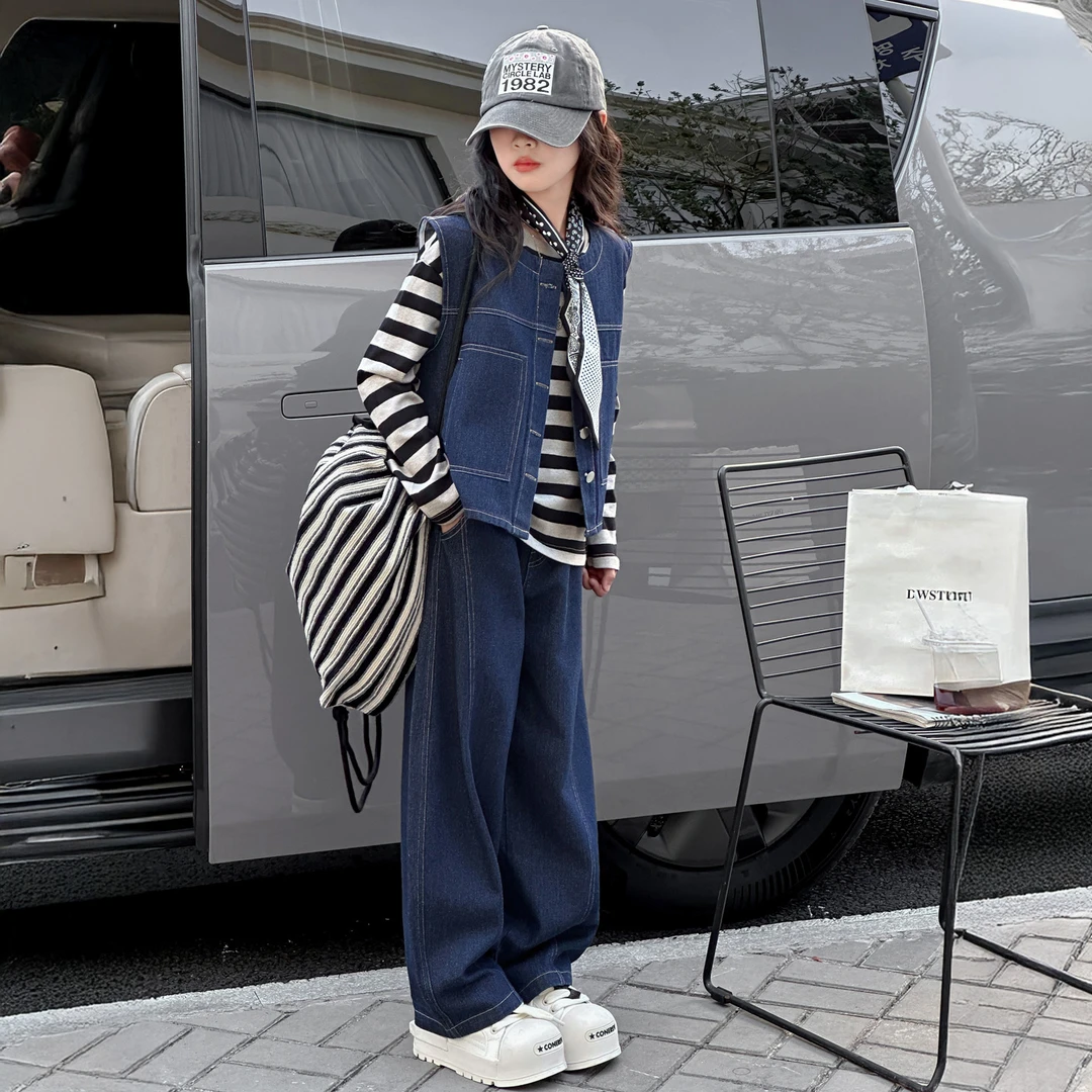 女童秋装娃娃衫套装儿童2025春秋新款大童春季牛仔马甲洋气四件套