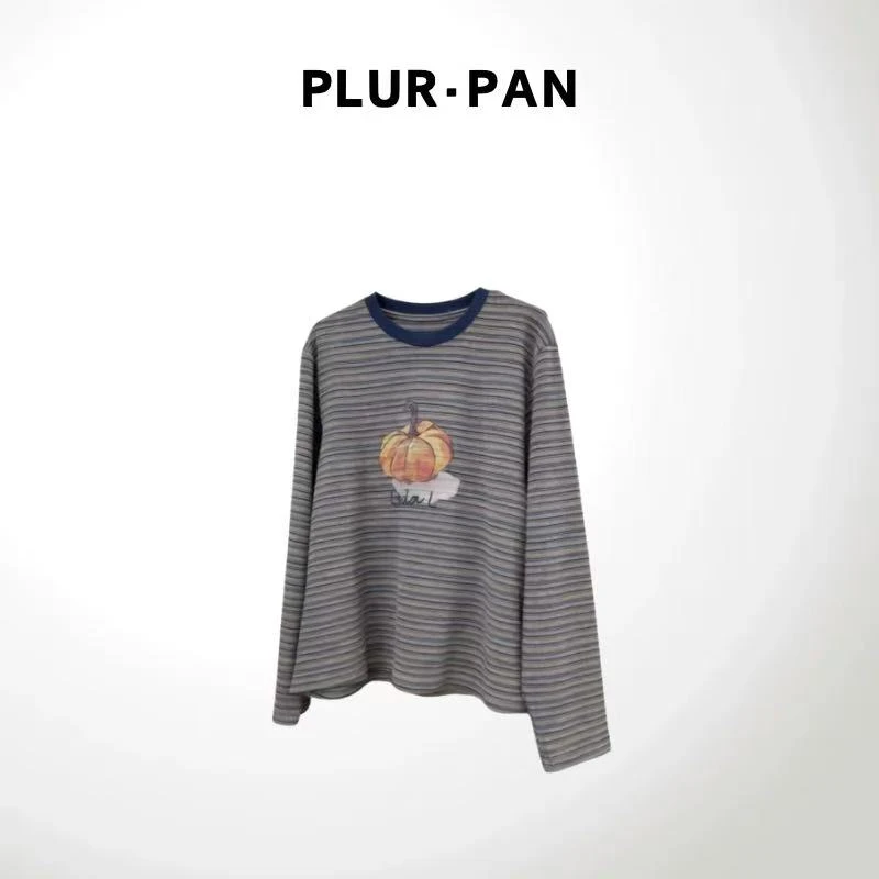 PLUR·PAN印花卡通刺绣条纹长袖T