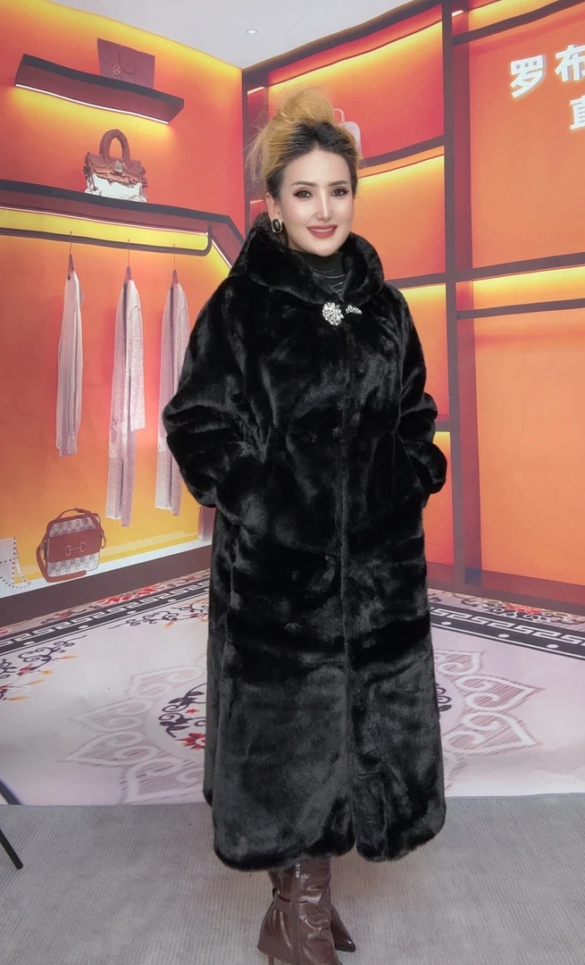 24896罗布专属冬季新款皮毛一体仿水貂毛加厚长款外套女士中长款