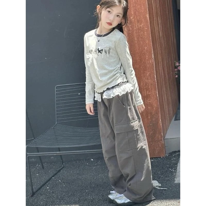 女童长袖T恤套装秋季2025新款儿童中大童休闲上衣工装裤春秋款